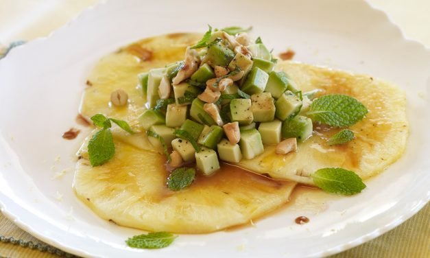 Avocado Salad with Pineapple Carpaccio, Pomegranate Vinaigrette and Toasted Cashews