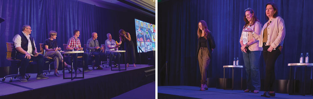 (Left) Operator panels were a highlight of the event, with chef attendees sharing winning strategies, stories from the trenches and participating in TikTok challenges like this one. (Right) Cathy Nash Holley, Maeve Webster and Katie Ayoub (left to right) presented Flavor & The Menu’s 2022 Trends Outlook, discussing trends to watch, their drivers and menu opportunities.