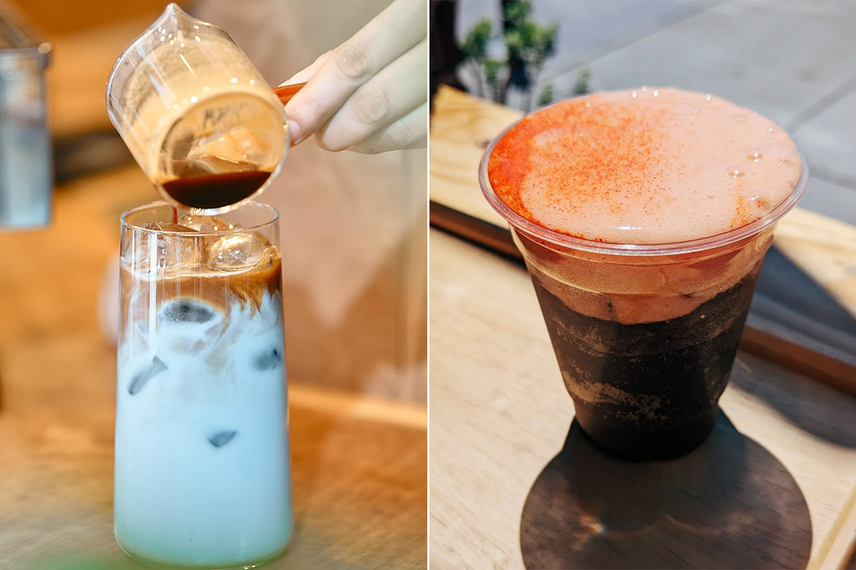 The namesake drink at Blue Brown Café is infused with butterfly pea flower (left), while Paper Son Coffee’s Guava Pillow tops effervescent coffee with effervescent guava purée and a dusting of li hing mui powder (right).
