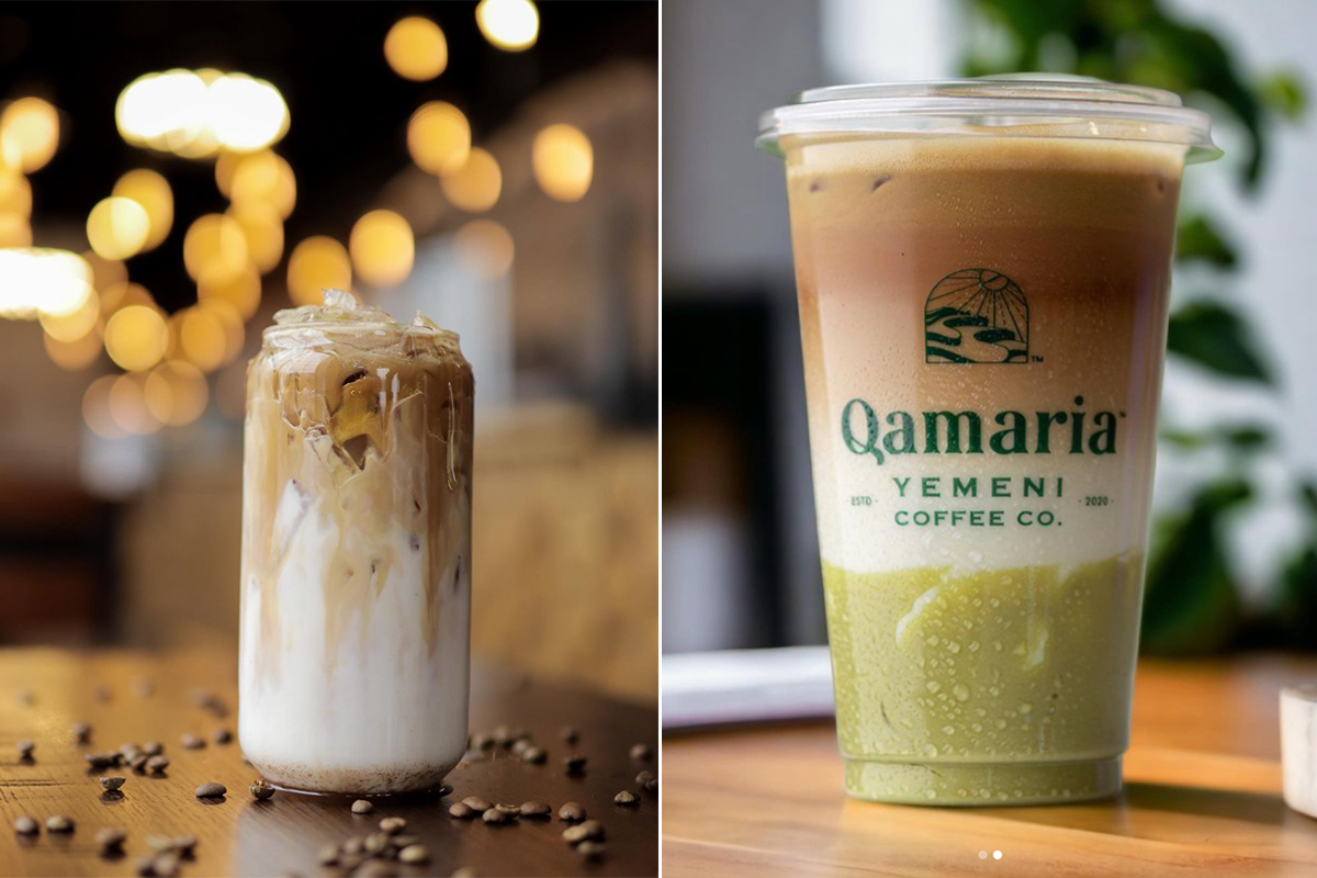 Warming spices like cardamom, ginger and cinnamon shine in the Iced Haraz Latte (left) at Haraz Coffee House, while the Pistachio Latte (right) from Qamaria brings sweet, nutty notes.