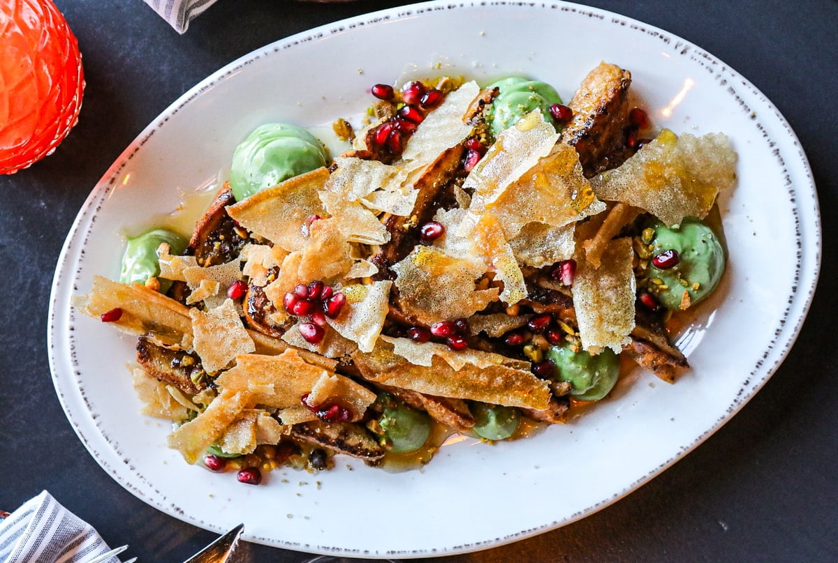 Middle Eastern dessert meets American breakfast in this global spin on French Toast, with baklava ingredients and flavors, including pistachio, cardamom and rose.