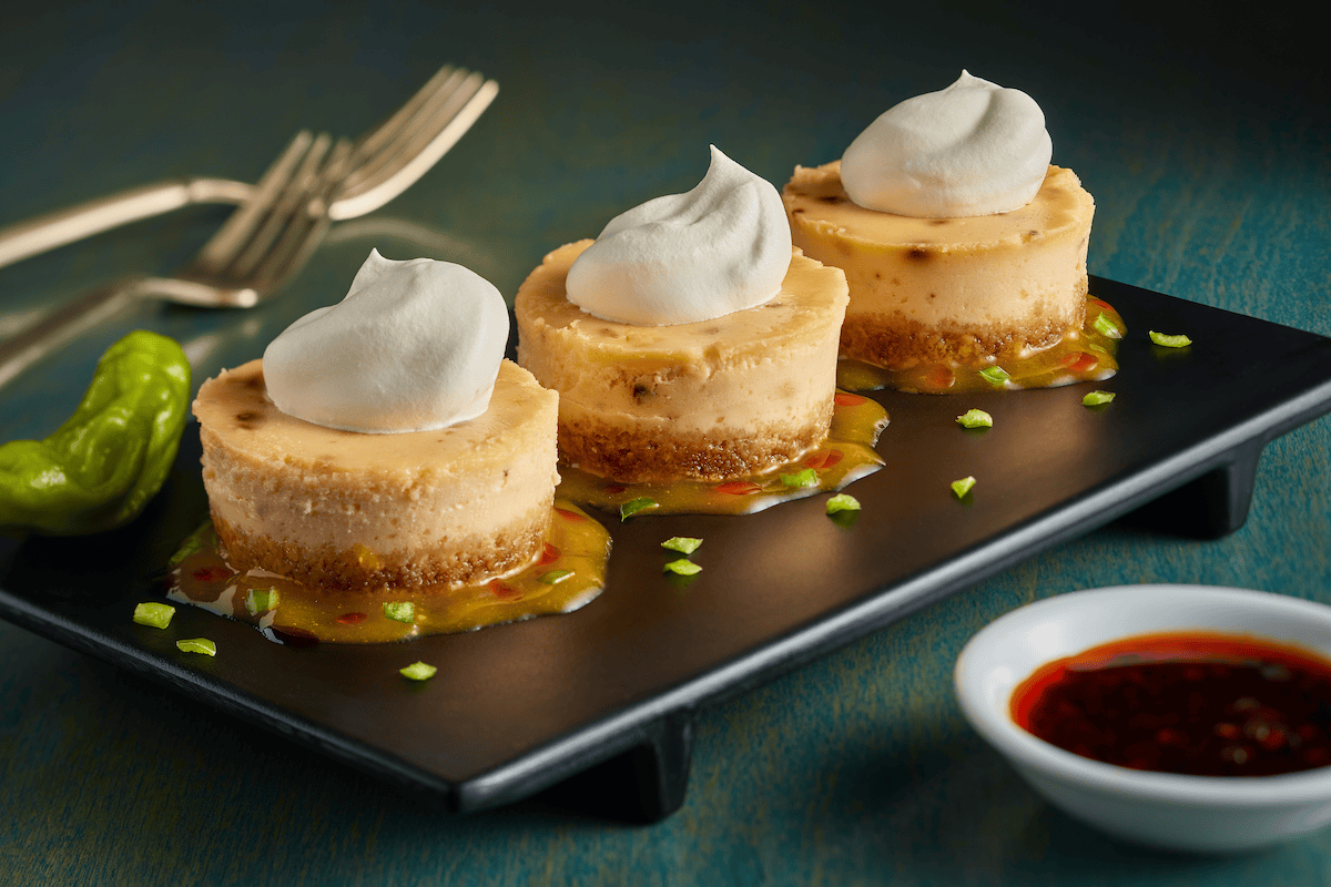 Chili-Garlic Cheesecake with Soy Sauce Whipped Cream