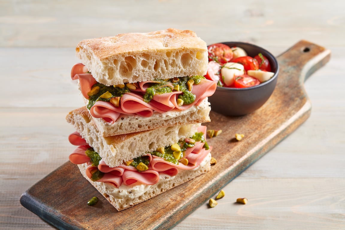 Mortadella Focaccia with Ricotta Cheese, Pesto and Pistachios