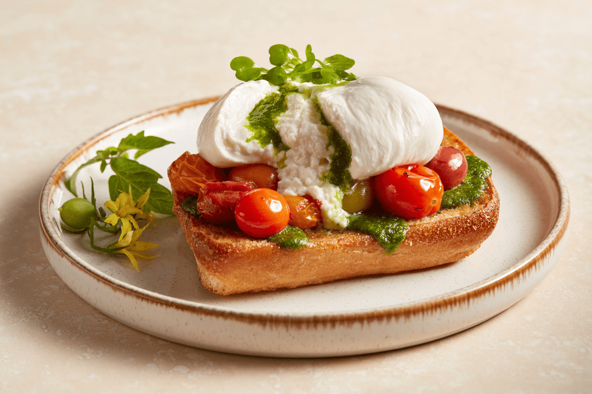 Tomato Leaf Pesto, California Burrata and Roasted Tomato Toast